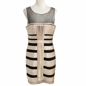 Bcbgmaxazria BRENDA BLACK CHAMPAGNE MESH SATIN BANDAGE COCKTAIL FORMAL DRESS